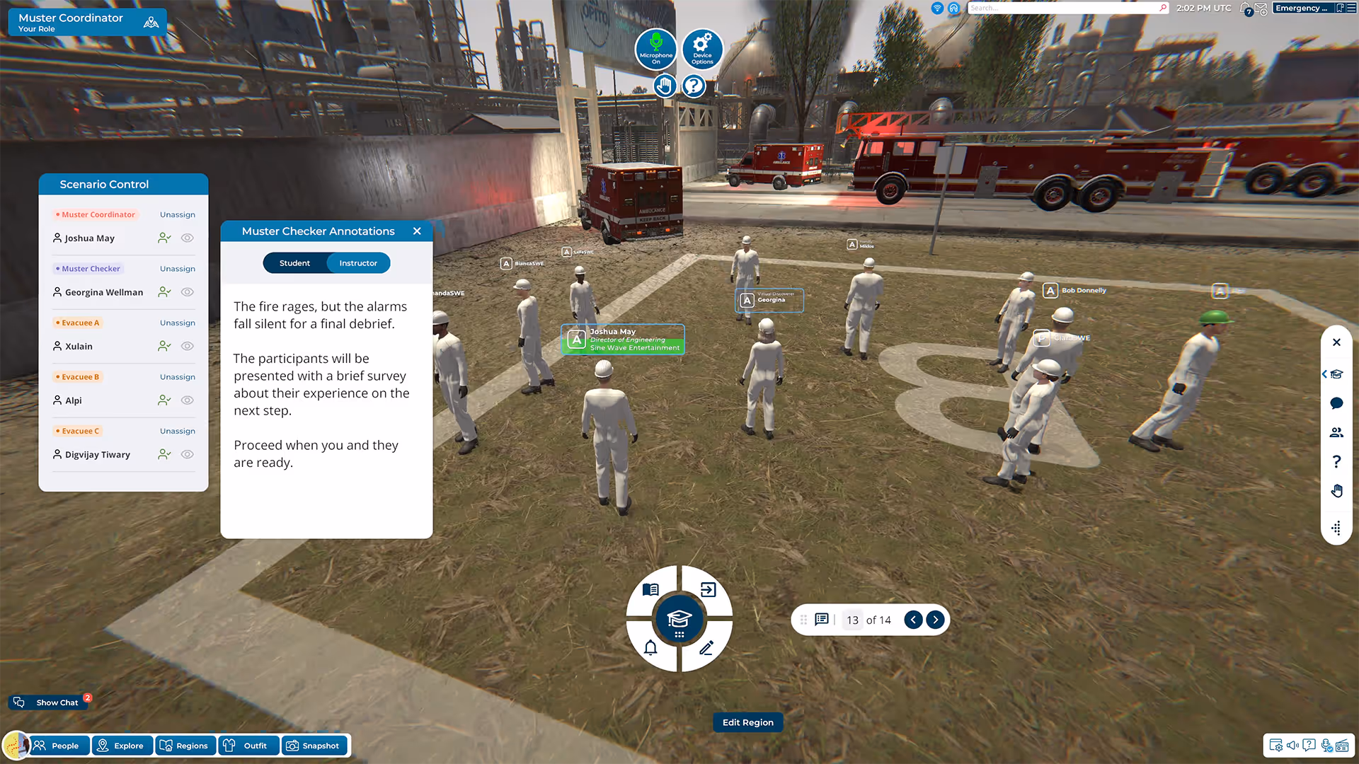Sinewave Campus avatars in OPITO branded safety gear conducting emergency training inside a simulated hydrogen plant control room