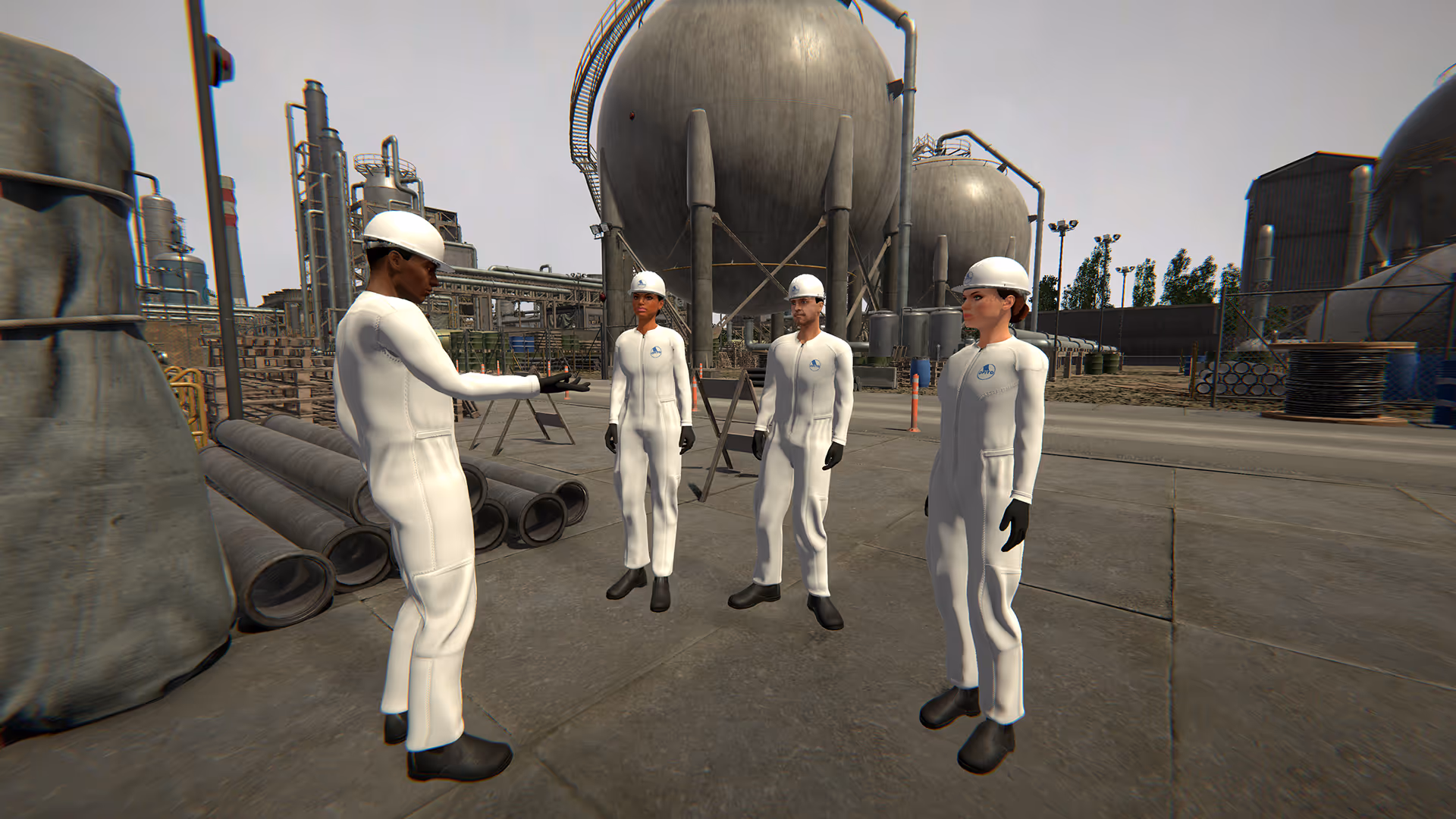 Avatars in protective gear participate in a virtual industrial safety drill, demonstrating immersive onboarding and emergency preparedness.
