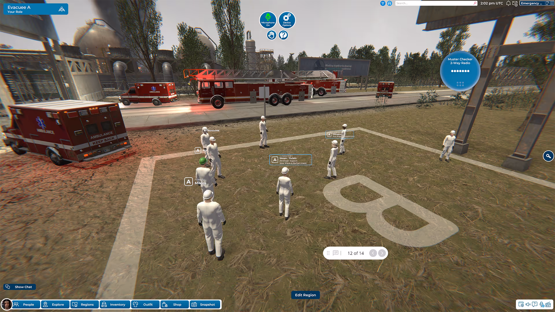 Emergency vehicles arrive at the muster zone as avatars complete evacuation drill during a 3D safety simulation in Sinewave Campus