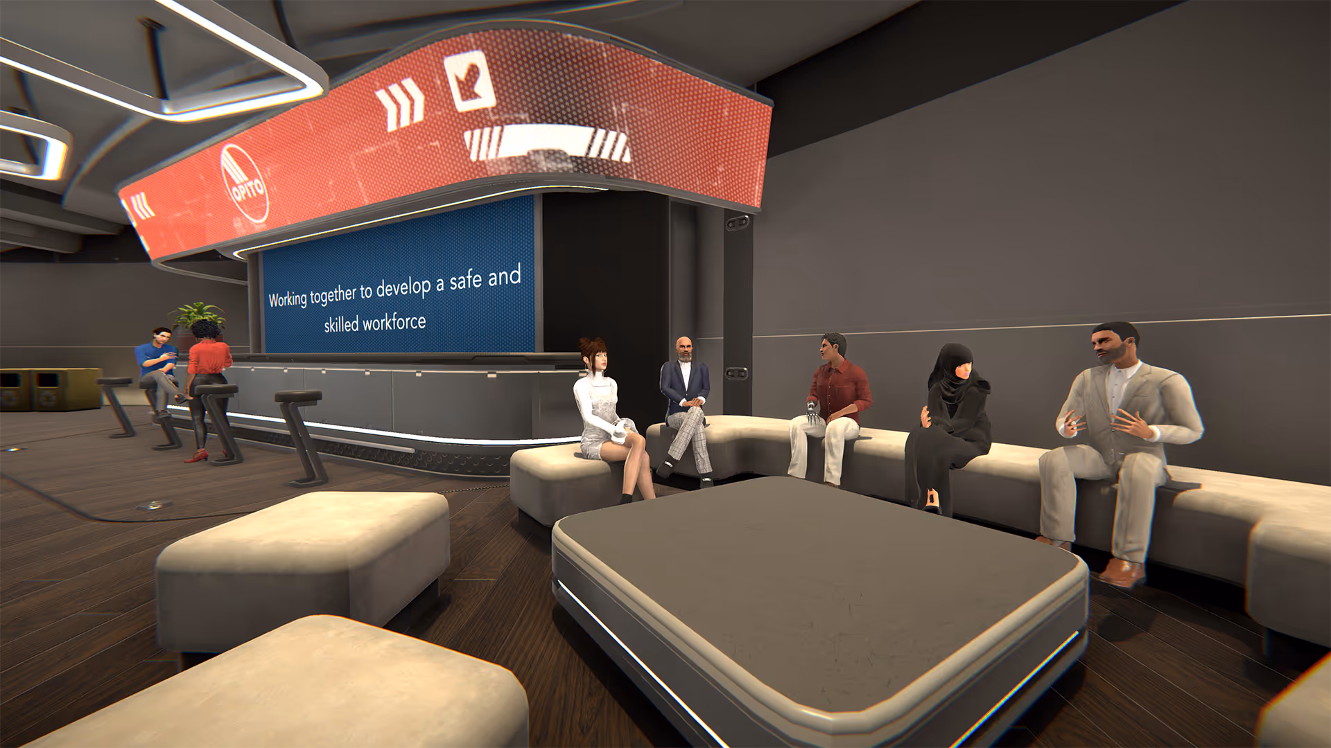 Virtual meeting room where avatars discuss a new product launch, simulating an interactive product rollout and team briefing.