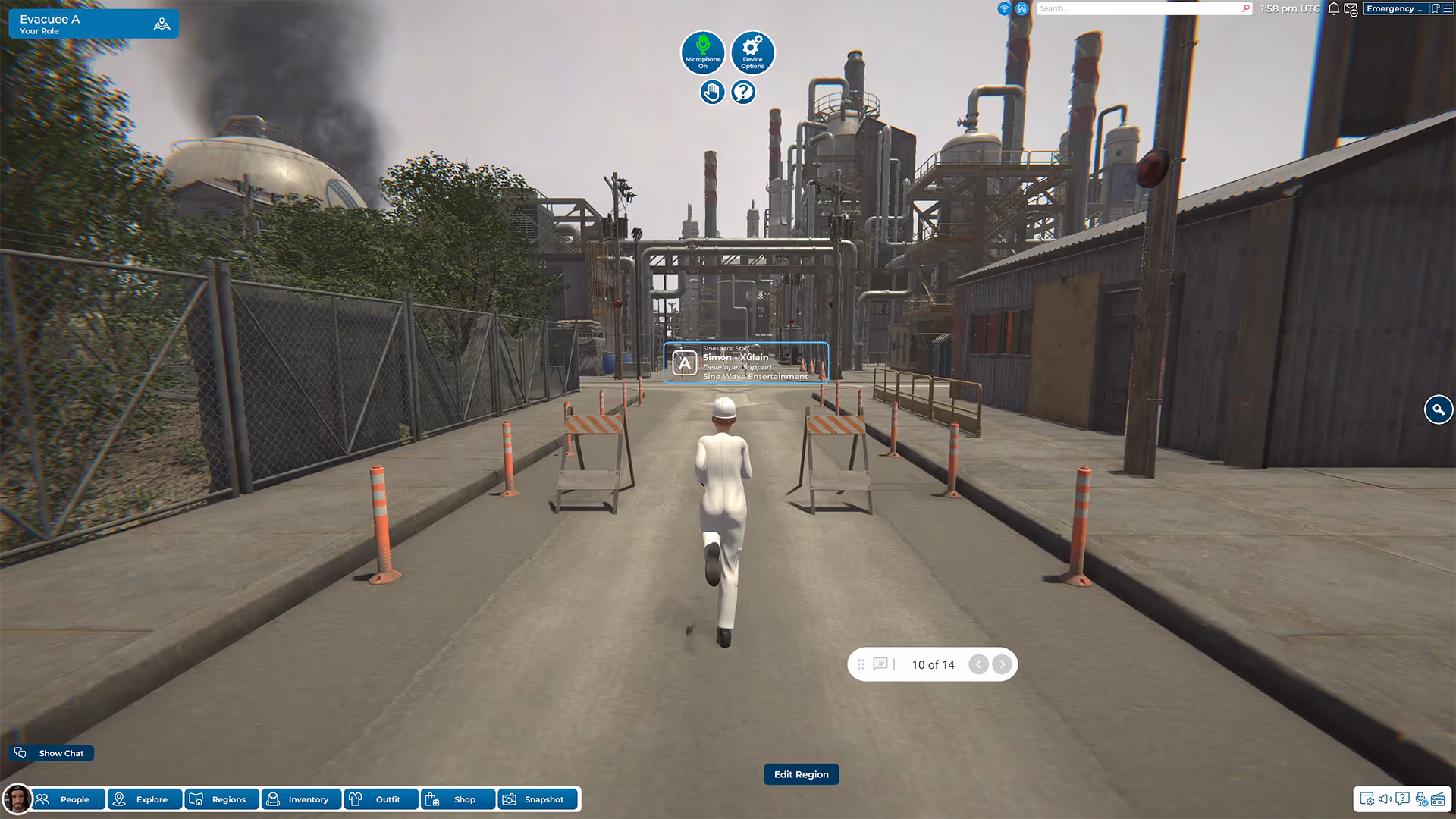 Sinewave Campus avatar evacuating hydrogen plant during fire simulation, following safety protocol along designated path with visible on-screen UI
