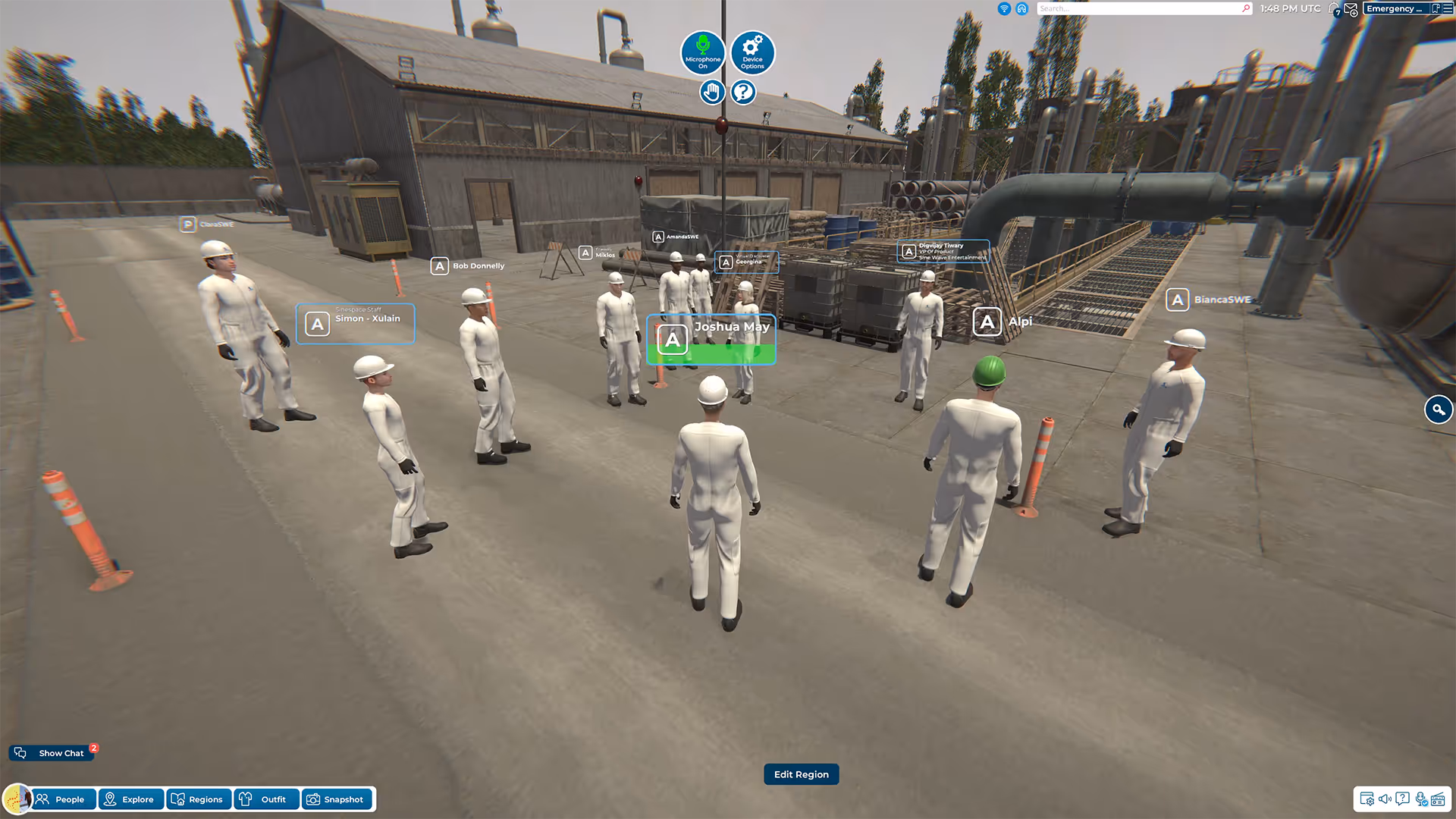 Multiple avatars gathered in muster zone during emergency training simulation, with roles assigned and voice communication enabled