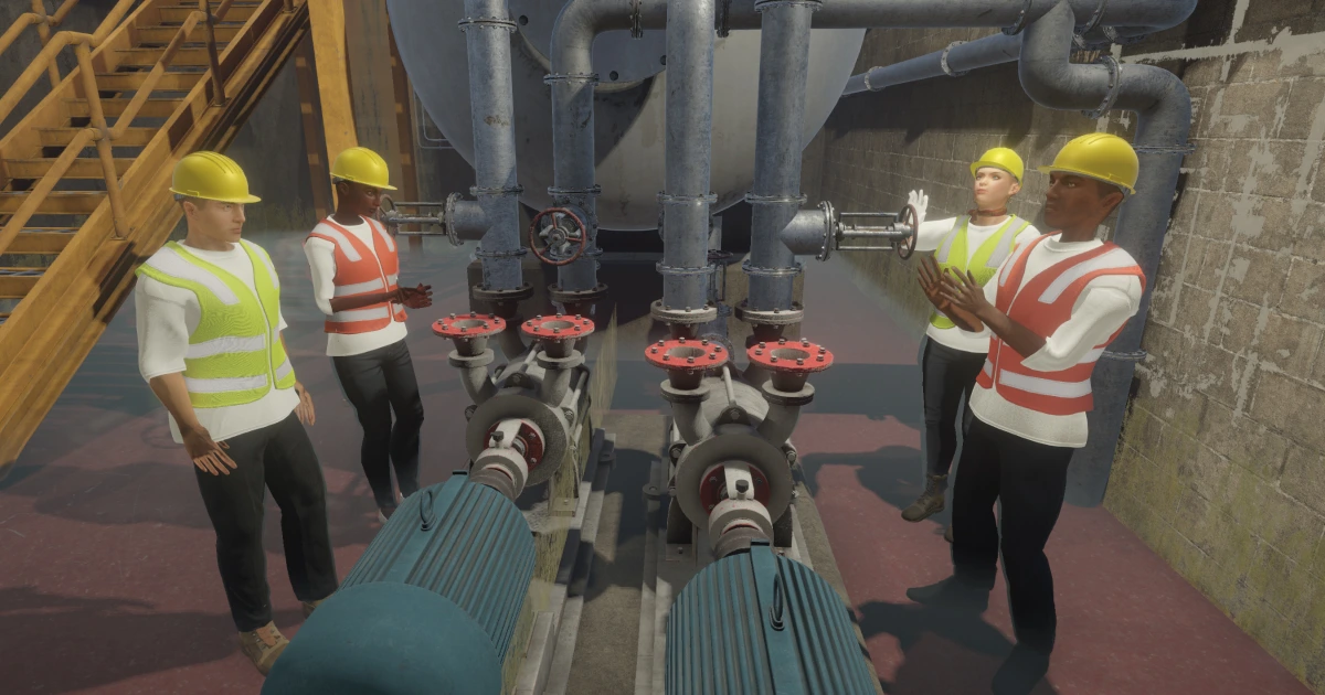 Sinewave Campus avatars in OPITO branded safety gear conducting emergency training inside a simulated hydrogen plant control room