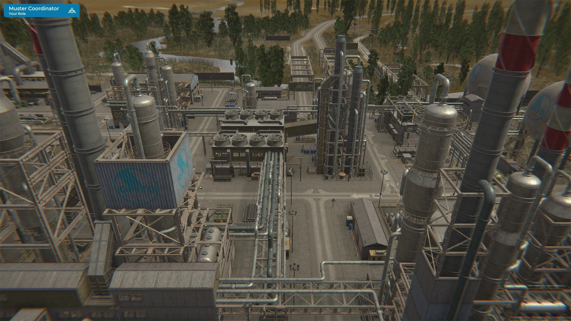 Sinewave Campus avatar evacuating hydrogen plant during fire simulation, following safety protocol along designated path with visible on-screen UI