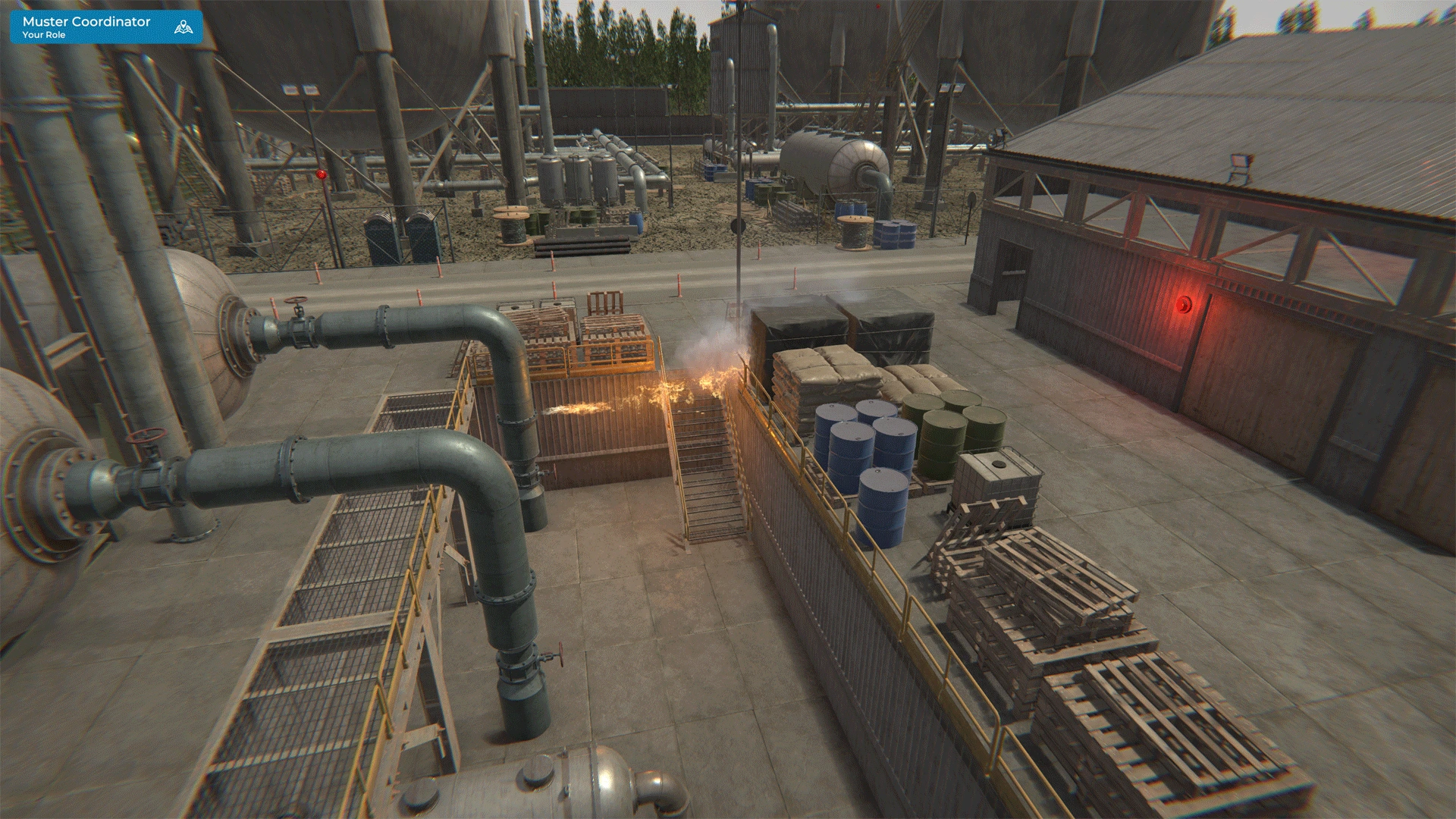 Simulated lightning-triggered fire at hydrogen plant with visible flames near barrels and industrial piping in Sinewave Campus emergency response training
