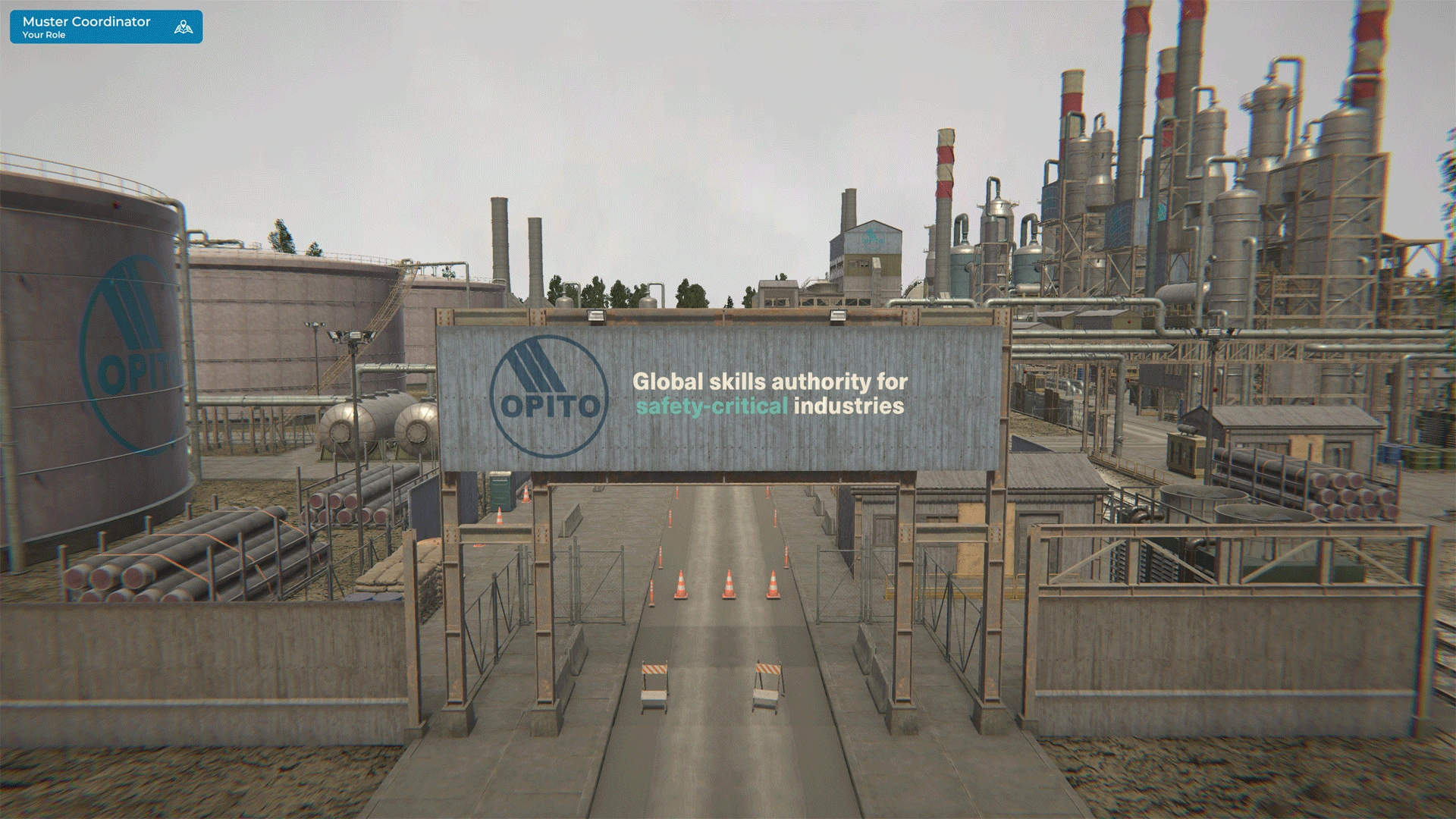 Multiple avatars gathered in muster zone during emergency training simulation, with roles assigned and voice communication enabled